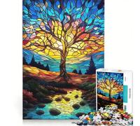 Rompecabezas para Adolescentes Árbol de la Vida de vidrieras de 1000 Piezas Juego práctico para Pasar el Tiempo en casa Durante Las Vacaciones con póster y Hoja de Preguntas a Juego 50x75cm