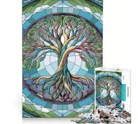 Rompecabezas para Adolescentes Árbol de la Vida de vidrieras de 1000 Piezas Juego práctico para Pasar el Tiempo en casa Durante Las Vacaciones con póster y Hoja de Preguntas a Juego 50x75cm