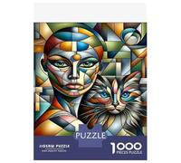Rompecabezas para Adolescentes De 1000 Piezas Abstract Artwork with Woman and Cat Rompecabezas para Adultos Juegos Relajantes para La Diversión Familiar 52x38cm/1000pcs