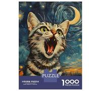 Rompecabezas para Adolescentes De 1000 Piezas Animal Cat Yawning in Starry Night Painting Van Gogh Japan Rompecabezas para Adultos Juego De Ingenio Aliviador del Estrés 52x38cm/10