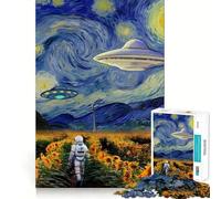 Rompecabezas para Adolescentes de 1000 Piezas Astronauta en un Campo de Girasoles con ovnis Corte Divertido,Inteligente,Juego,Regalo,Juego fácil,Pieza de Arte navideña (50x75cm)