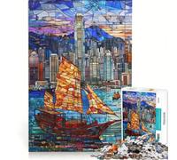 Rompecabezas para Adolescentes de 1000 Piezas Atardecer en el Puerto de Hong Kong Juego Educativo decoración de Pared cumpleaños y Navidad 38x26cm