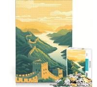 Rompecabezas para Adolescentes de 1000 Piezas Atardecer en la Gran Muralla China, Juego práctico, Actividades Divertidas para Hacer en casa, con póster y Hoja de Preguntas a Juego 38x52cm