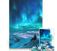 Rompecabezas para Adolescentes de 1000 Piezas: Aurora Boreal con una Persona en la montaña Juego práctico para Pasar el rato Durante Las Vacaciones en casa Incluye póster y Hoja de Preguntas a Juego