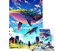 Rompecabezas para Adolescentes de 1000 Piezas Ballenas voladoras sobre un Paisaje Urbano Rompecabezas para Adultos y Familia Juego de precisión para Cortar Juego desafiante Regalos (Tamaño 50x75cm)