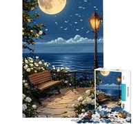 Rompecabezas para Adolescentes de 1000 Piezas Banco Junto al mar a la luz de la Luna con Rosas Blancas Ayuda a ejercitar el Cerebro Diversión Familiar Juguetes DIY para Mayores de 14 años (38x52cm)