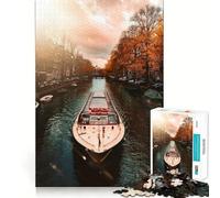 Rompecabezas para Adolescentes de 1000 Piezas Barco de Canal en Ámsterdam,otoño,Corte Limpio,decoración,Juguete Creativo y Divertido,Juego de Paz,Pieza de Arte navideña (38x26cm)