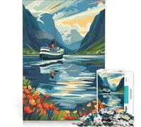 Rompecabezas para Adolescentes de 1000 Piezas Barco en el fiordo de Noruega Juegos educativos Actividades Divertidas para Hacer en casa 38x26cm