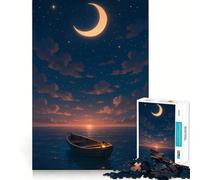 Rompecabezas para Adolescentes de 1000 Piezas Barco flotando bajo una Luna Creciente Arte de Bordes precisos Regalo Ideal para concentrarse Juego para Pasar un rato Agradable Arte de Escena navideña