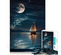 Rompecabezas para Adolescentes de 1000 Piezas Barco,Luna,Noche,Arte de Borde Exacto,Juego Divertido para Concentrarse,Momento de Diversión y Relajación,Regalo Navideño para la Relajación 38x26cm