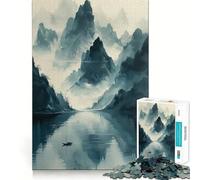 Rompecabezas para Adolescentes de 1000 Piezas Barco,Montaña,Arte asiático en Miniatura,Bordes Exactos,Juego de concentración,Regalo,Juego para Pasar un rato Agradable,Arte de Escena navideña 38x52cm