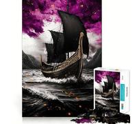 Rompecabezas para Adolescentes de 1000 Piezas Barco Vikingo Negro en mar tempestuoso,diseño de Bordes precisos,Juego Divertido y Relajante,Regalo navideño Tranquilo 38x26cm
