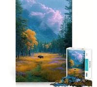 Rompecabezas para Adolescentes de 1000 Piezas Bisonte en una Pradera de montaña,Piezas de Corte Limpio,Juego Inteligente,Regalo,Tiempo Libre,Juego,Escena navideña,Arte (38x26cm)