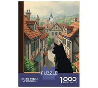 Rompecabezas para Adolescentes De 1000 Piezas Black Cat Gazing at Rainy Town Rompecabezas para Adultos Juegos Divertidos Decoración De Pared 52x38cm/1000pcs