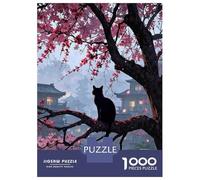 Rompecabezas para Adolescentes De 1000 Piezas Black Cat in Japanese Cherry Blossoms Rompecabezas para Adultos Juego De Ingenio Regalos para Mujeres Desafiante De Completar 52x38cm/1000pcs