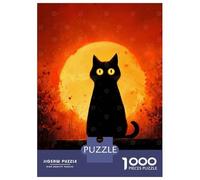 Rompecabezas para Adolescentes De 1000 Piezas Black Cat Silhouette with Orange Moon Rompecabezas para Adultos Juego De Ingenio para Mejorar La Memoria Actividades Divertidas En Casa 38x26cm/1000pcs