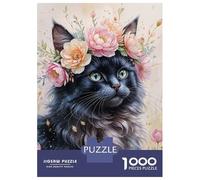 Rompecabezas para Adolescentes De 1000 Piezas Black Cat with Flower Crown Watercolor Rompecabezas para Adultos Juguete Decoración De Pared Desafío Difícil 52x38cm/1000pcs