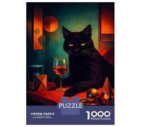 Rompecabezas para Adolescentes De 1000 Piezas Black Cat with Wine and Geometric Shapes Rompecabezas Juegos Relajantes Difícil Difícil Diversión Actividades En Casa, 70x50cm/1000pcs