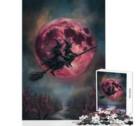 Rompecabezas para Adolescentes de 1000 Piezas Brujas Volando en Escoba con Luna roja Juguete para decoración de Pared Obra de Arte Regalo Juegos educativos Adecuado para decoración de Escritorio