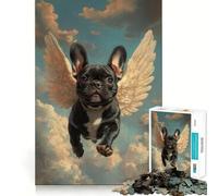 Rompecabezas para Adolescentes de 1000 Piezas Bulldog francés Negro con alas de ángel | Homenaje a la pérdida de una Mascota,Arte de Bordes precisos,Juego de concentración,Juego para Momentos
