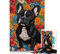 Rompecabezas para Adolescentes de 1000 Piezas Bulldog francés Negro Entre Flores Silvestres,diseño de Bordes, Juego para concentrarse,diversión,Regalo artístico de Navidad