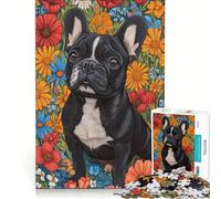 Rompecabezas para Adolescentes de 1000 Piezas: Bulldog francés Negro Entre Flores Silvestres, Juguetes antiestrés, para relajar la Mente, cumpleaños 38x52cm