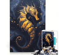 Rompecabezas para Adolescentes de 1000 Piezas Caballito de mar Dorado sobre Fondo Azul Oscuro Juegos educativos, Ideales para la diversión Familiar, Regalo de cumpleaños o para Viajes 38x52cm