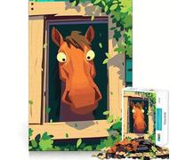 Rompecabezas para Adolescentes de 1000 Piezas Caballo de Dibujos Animados Mirando por la Ventana,Bordes impecables,Divertido Juego Mental,Regalo,Momento Acogedor,decoración navideña para la Pared