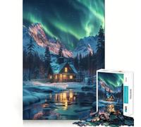 Rompecabezas para Adolescentes de 1000 Piezas Cabaña Junto a Las montañas de la Aurora Boreal,Bordes impecables,Divertido Juego Mental,Regalo Acogedor,decoración navideña para la Pared (38x52cm)