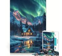 Rompecabezas para Adolescentes de 1000 Piezas Cabaña Junto a Las montañas de la Aurora Boreal Piezas de Ajuste preciso Juguete Divertido y silencioso Juego de cumpleaños artístico (50x75cm)