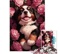 Rompecabezas para Adolescentes de 1000 Piezas Cachorro de Perro de montaña bernés Entre Rosas Juguetes educativos Juegos de ingenio decoración de Pared Regalos de Amigo Invisible (tamaño 50x75cm)