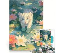Rompecabezas para Adolescentes de 1000 Piezas Cachorro de Tigre Blanco en un Estanque de nenúfares Juego práctico para divertirse en Familia cumpleaños y Navidad 50x75cm