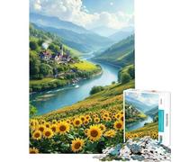 Rompecabezas para adolescentes de 1000 piezas Campo de girasoles junto al río y un pueblo Rompecabezas prácticos para adolescentes Ideales para pasar el tiempo en casa durante las vacaciones (38x52cm)