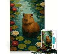 Rompecabezas para Adolescentes de 1000 Piezas Capibara en un Estanque de nenúfares,Bordes impecables,Divertido Juego Mental,Regalo Acogedor,decoración navideña para la Pared (50x75cm)