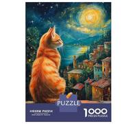 Rompecabezas para Adolescentes De 1000 Piezas Cat Gazing at A Moonlit Village Rompecabezas para Adultos Juego Familiar Pero Divertido Y Humorístico Actividades Divertidas En Casa 52x38cm/1000pcs