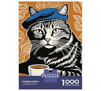 Rompecabezas para Adolescentes De 1000 Piezas Cat in Beret with Coffee Rompecabezas DIY Juguetes Vacaciones En Casa Matar El Tiempo Cumpleaños Y Navidad 38x26cm/1000pcs