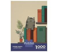 Rompecabezas para Adolescentes De 1000 Piezas Cat on Bookshelf Illustration Rompecabezas Juegos Familiares Carrera De Velocidad Manual Cumpleaños 38x26cm/1000pcs