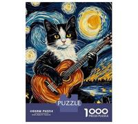 Rompecabezas para Adolescentes De 1000 Piezas Cat Playing Guitar in Starry Night Rompecabezas para Adultos Juguetes De Bricolaje Análisis Y Lógica Regalo De Cumpleaños, Regalos, 38x26cm/1000pcs
