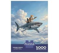 Rompecabezas para Adolescentes De 1000 Piezas Cat Riding A Shark in The Sky Rompecabezas Juegos Familiares Carrera De Velocidad Manual Cumpleaños 38x26cm/1000pcs