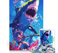 Rompecabezas para Adolescentes de 1000 Piezas: Chica Anime contra tiburón, Juegos Divertidos, Entrena tu Cerebro y Tus Manos, Ideal para Decorar tu Escritorio 38x52cm