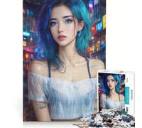 Rompecabezas para Adolescentes de 1000 Piezas: Chica Anime Cyberpunk en una Ciudad neón bajo la Lluvia, Juego práctico, difícil y desafiante, Regalo de Juego desafiante 38x26cm