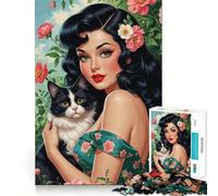 Rompecabezas para Adolescentes de 1000 Piezas,Chica Morena Pin-up con un Lindo Gato,diseño Floral,Bordes impecables,Divertido Juego de Habilidad Mental,Juego Tranquilo,Juego de cumpleaños artístico