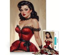 Rompecabezas para Adolescentes de 1000 Piezas,Chica Pin-up Morena con Vestido Rojo,Juego de articulaciones Ajustadas,Juego cognitivo,Juguete,diversión fácil,decoración navideña,Regalo (38x52cm)