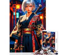 Rompecabezas para Adolescentes de 1000 Piezas Chica samurái de Anime en Kimono Juego Educativo Carrera de Velocidad Manual Juguetes para armar con póster y Hoja de Preguntas a Juego (38x26cm)