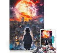 Rompecabezas para Adolescentes de 1000 Piezas: Ciudad bajo una Luna roja Gigante, Juguetes antiestrés, dificultad Alta, Ideal para Decorar el Escritorio 38x52cm