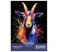 Rompecabezas para Adolescentes De 1000 Piezas Colorful Goat Portrait on Black Background Rompecabezas para Adultos Juego De Ingenio Una Obra De Arte Actividades Divertidas En Casa 38x26cm/1000pcs