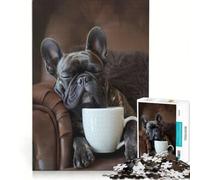 Rompecabezas para Adolescentes de 1000 Piezas con diseño de Bulldog francés y Taza de café Juego Familiar Divertido para Disfrutar en casa Regalo de cumpleaños o para Viajar 38x52cm