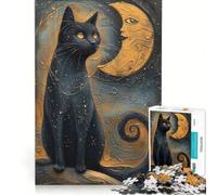 Rompecabezas para Adolescentes de 1000 Piezas con diseño de Gato Negro místico Juguetes para armar Que mejoran la Memoria con póster y Hoja de Preguntas a Juego 38x52cm