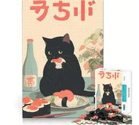 Rompecabezas para Adolescentes de 1000 Piezas con diseño de Gato Negro y Sushi japonés,Ideal para Crear Arte,desarrollar Habilidades,Jugar Durante el Tiempo Libre 38x52cm