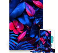 Rompecabezas para adolescentes de 1000 piezas con hojas y flores tropicales en azul y rosa bordes impecables divertido juego de habilidad mental juego tranquilo juego de cumpleaños artístico (38x52cm)